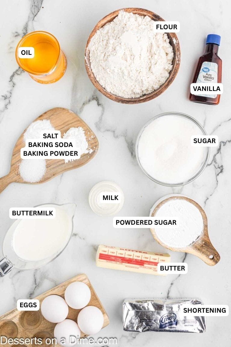 Ingredients for recipe: salt, baking soda, baking powder, sugar, milk, buttermilk, powdered sugar, butter, eggs and shortening.