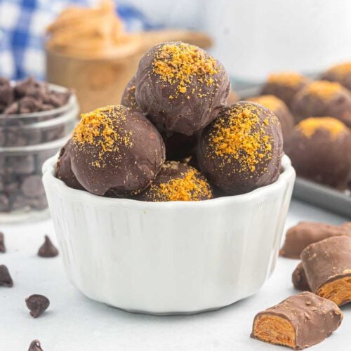 Butterfinger balls in a bowl.