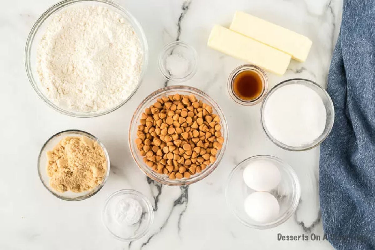 Butterscotch Cookies ingredients - white sugar, brown sugar, vanilla extract, eggs, flour, baking soda, sea salt, butterscotch chips