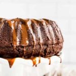 chocolate bundt cake on a platter.