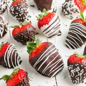 Platter of chocolate covered strawberries.