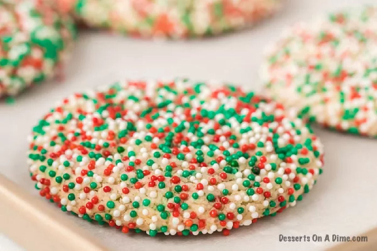 Up close image of Christmas sprinkle cookie.