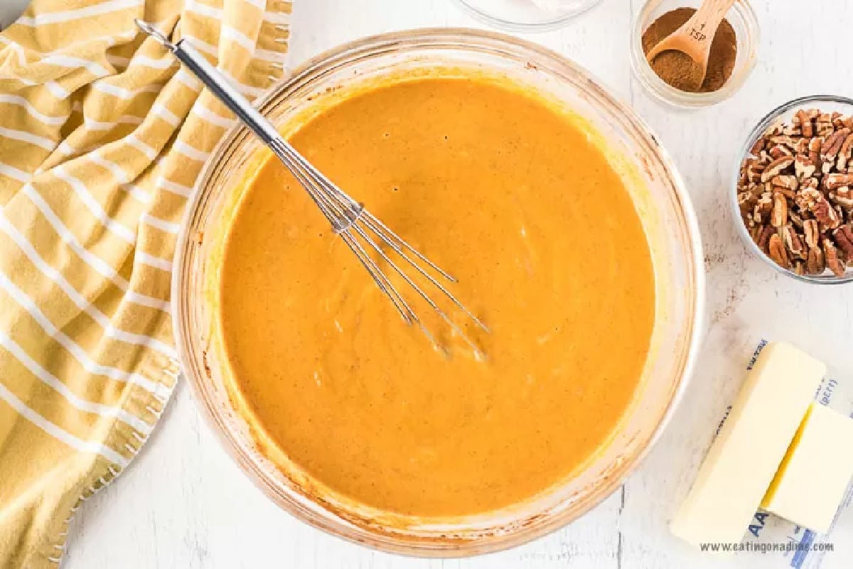 Bowl of batter combined in a mixing bowl. 
