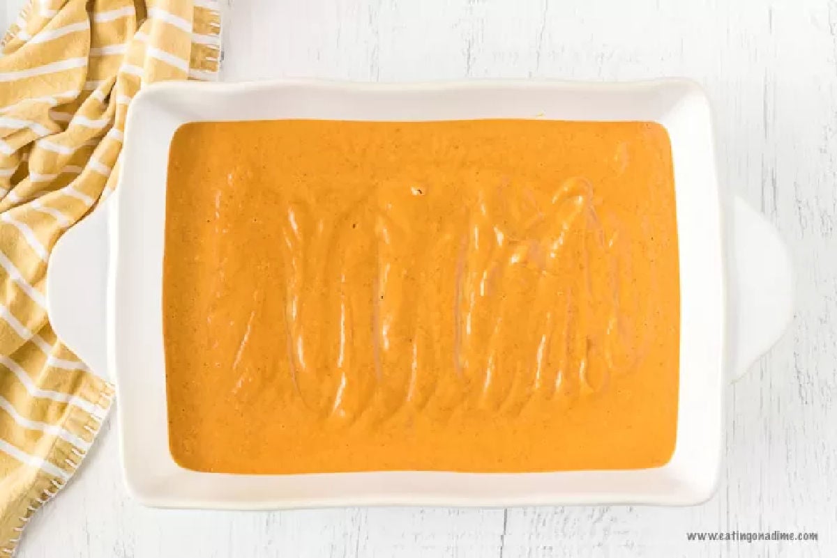 Batter spread into baking dish. 