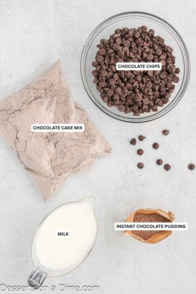 Ingredients for recipe: chocolate chips, chocolate cake mix, milk and instant chocolate pudding. 