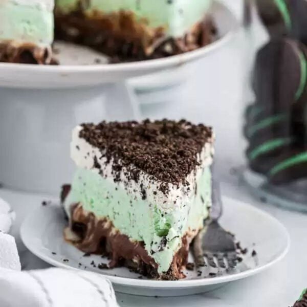 A slice of mint chocolate ice cream cake with oreo crumbs.