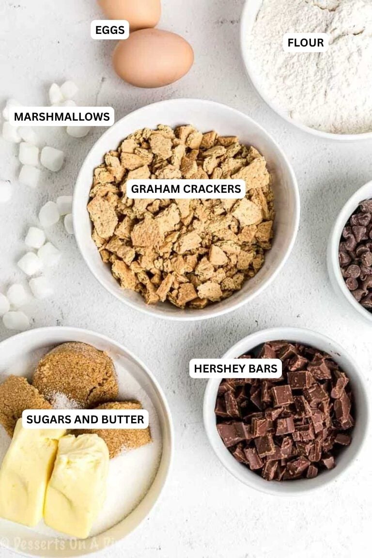Ingredients for recipe: graham crackers, Hershey bars, sugars, eggs, flour, marshmallows and butter. 