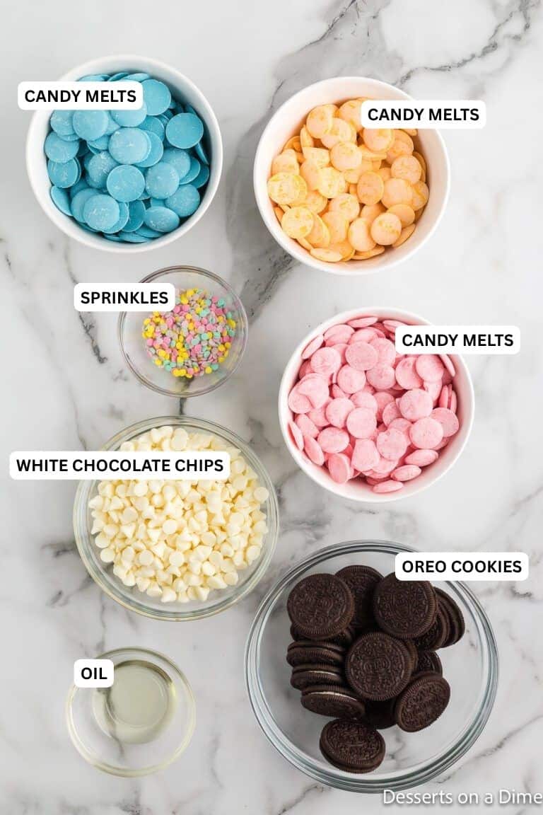 Ingredients for recipe: candy melts, sprinkles, white chocolate chips, oreo cookies and oil. 