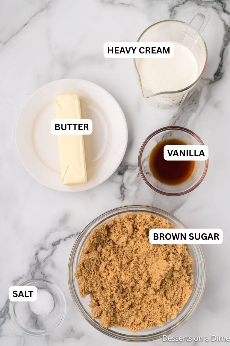 Ingredients for recipe: brown sugar, salt, butter, vanilla and heavy cream. 