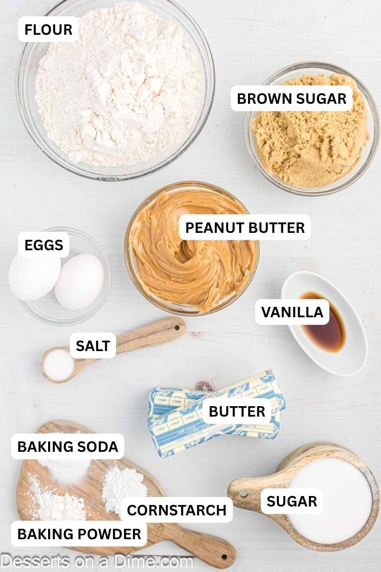 Ingredients for recipe: salt, butter, vanilla, peanut butter, eggs, brown sugar and flour. 