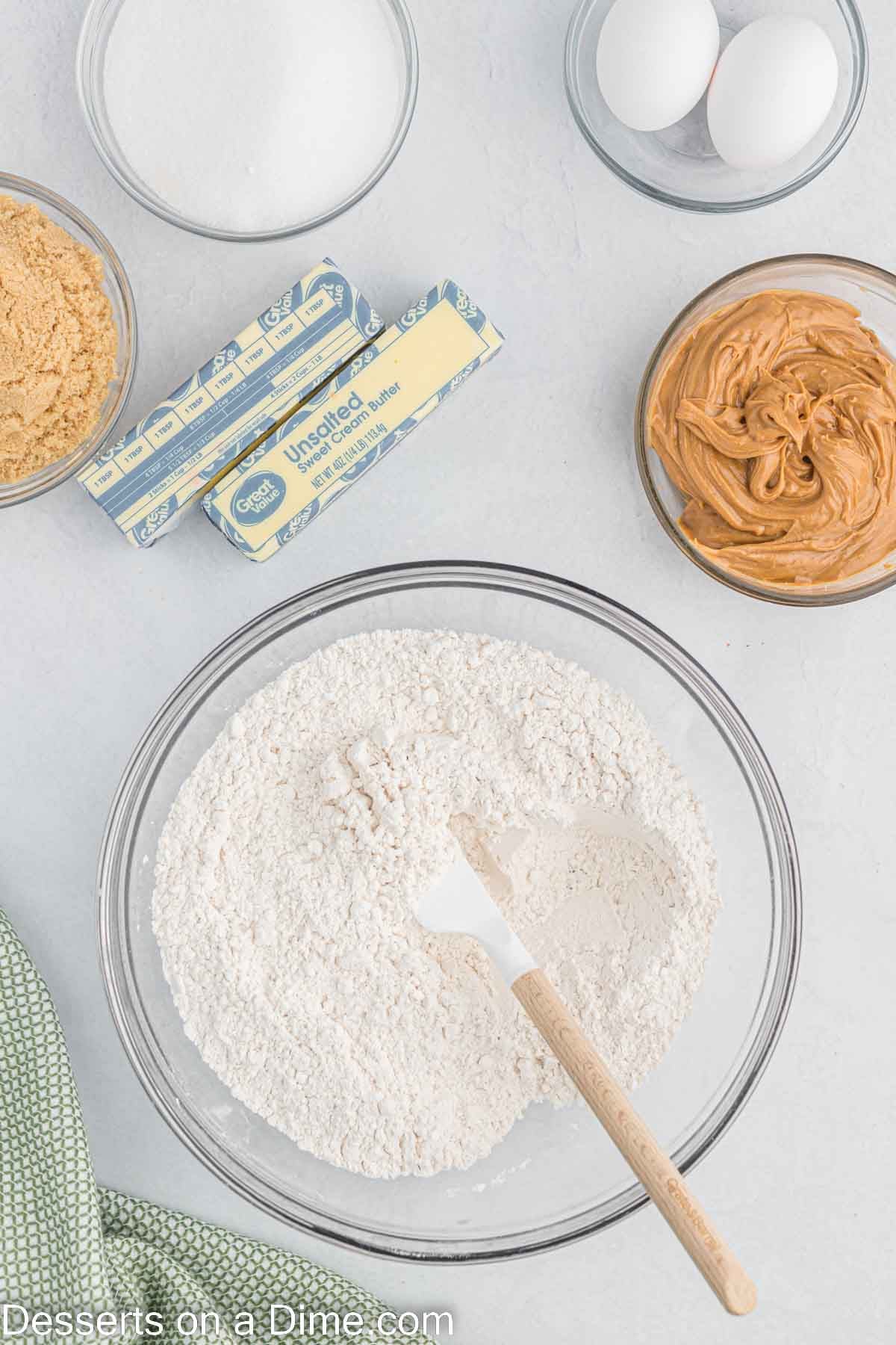 Dry ingredients combined in a bowl. 