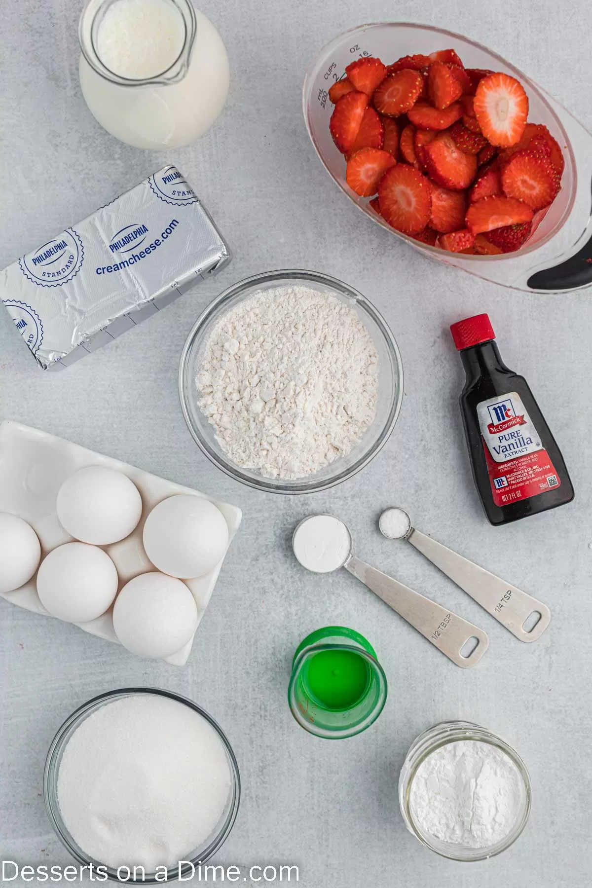 Ingredients - flour, eggs, baking powder, salt, vanilla, sugar, oil, powdered sugar, cream cheese, heavy whipping cream, strawberries