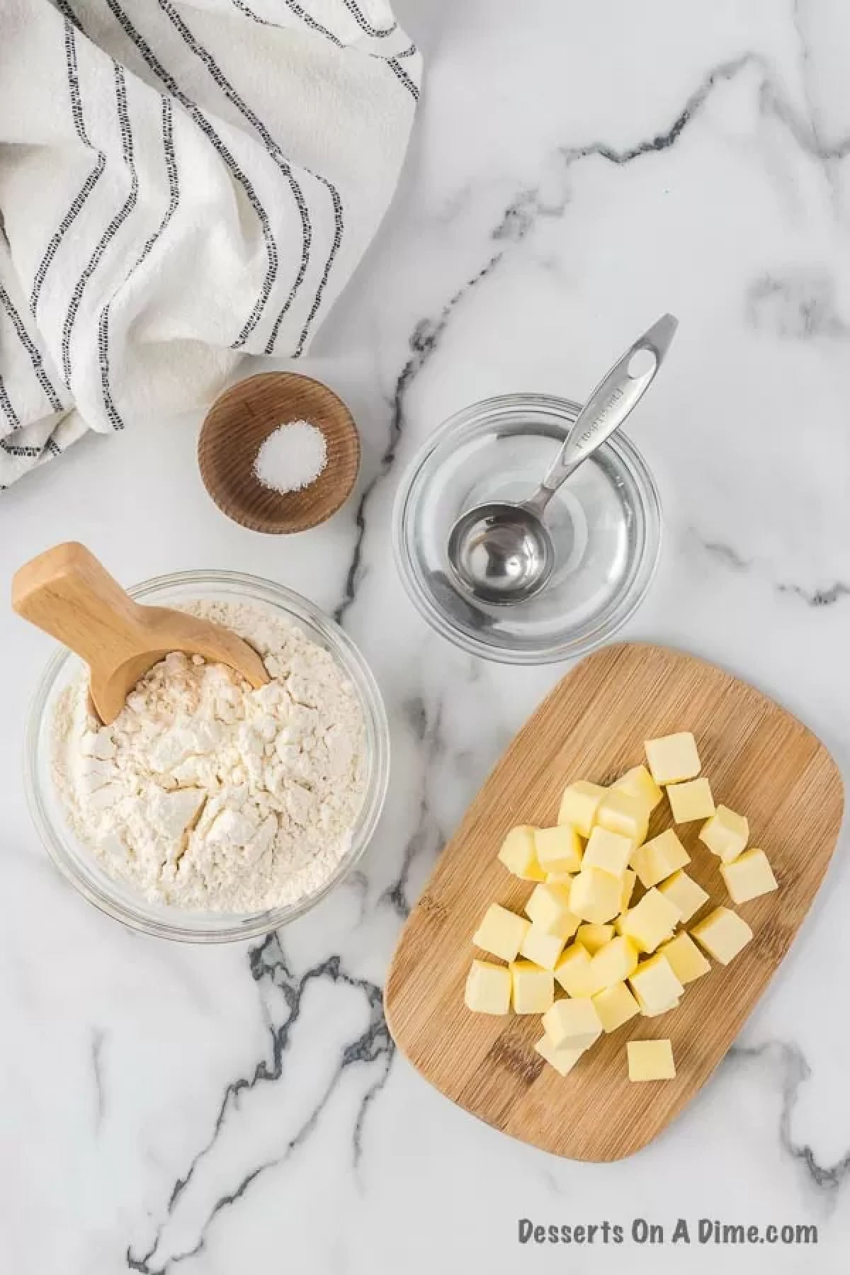 Ingredients for 3 ingredient pie crust- butter, flour, water. 