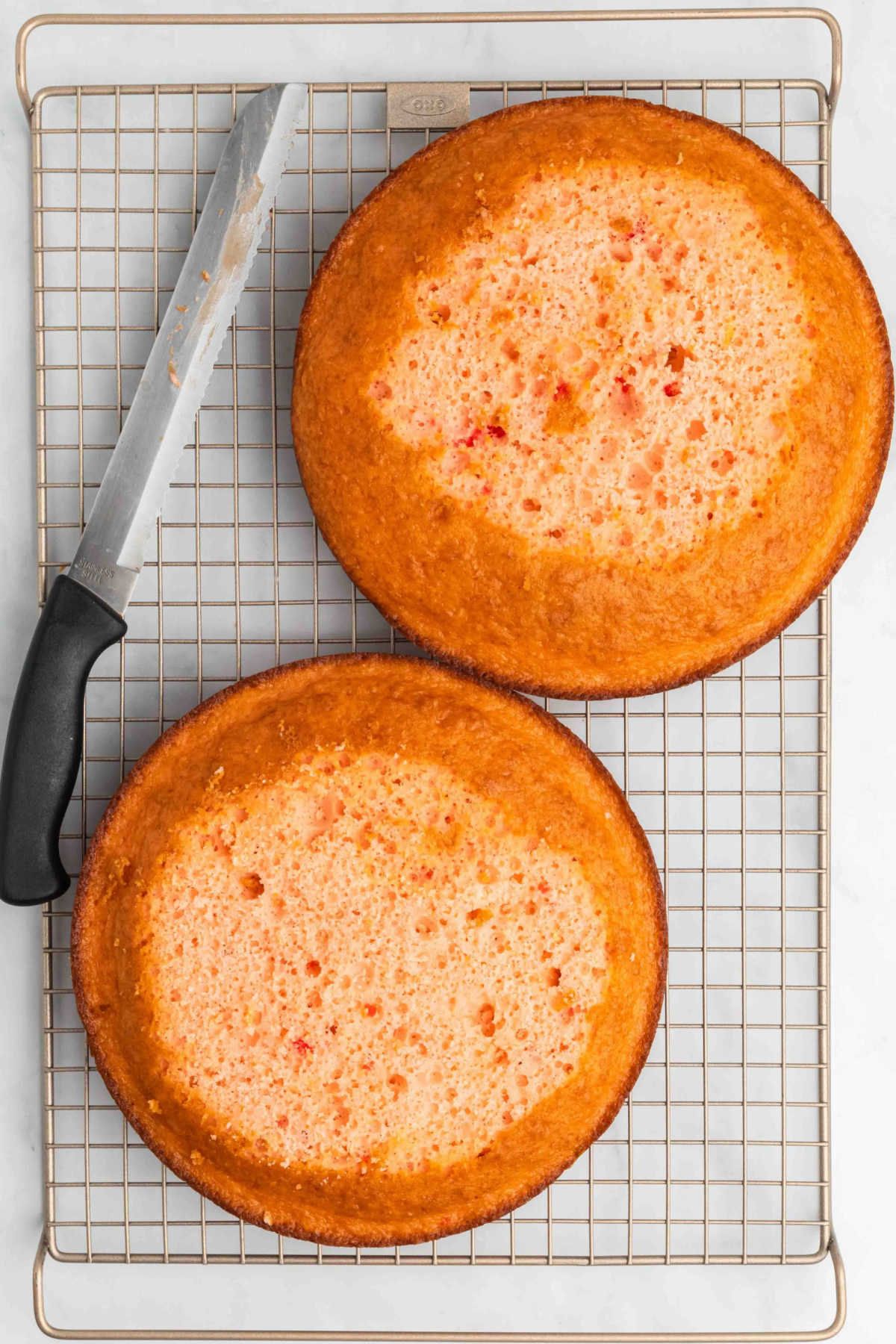 Cake layers on cooling rack. 