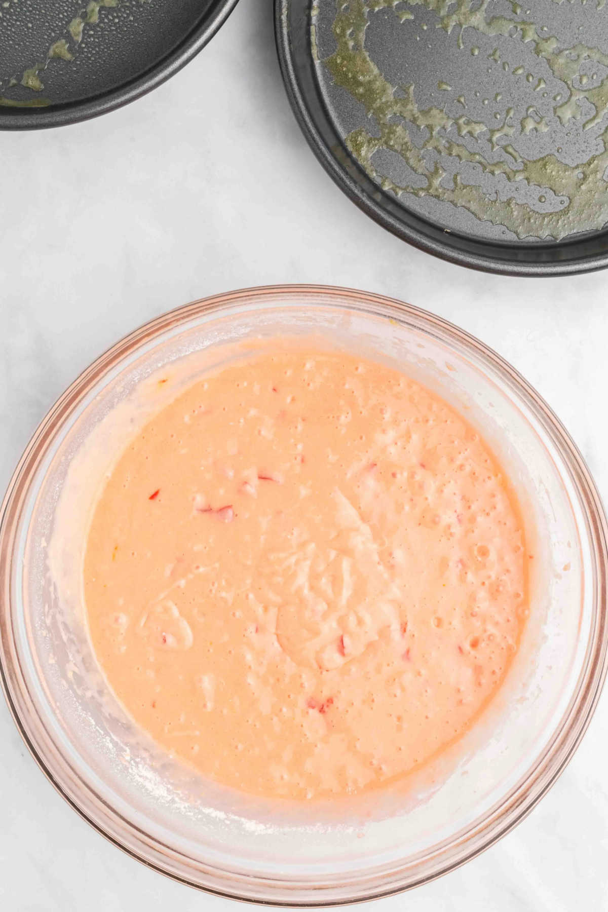 Wet and dry ingredients combined in mixing bowl. 