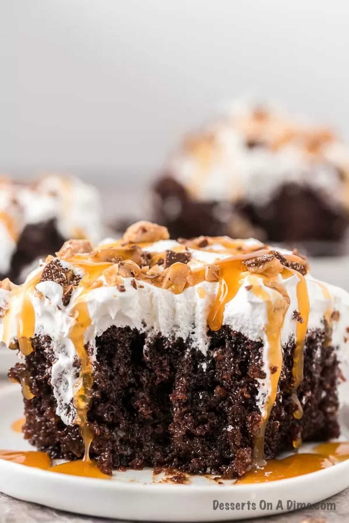 Slice of Chocolate Poke Cake.