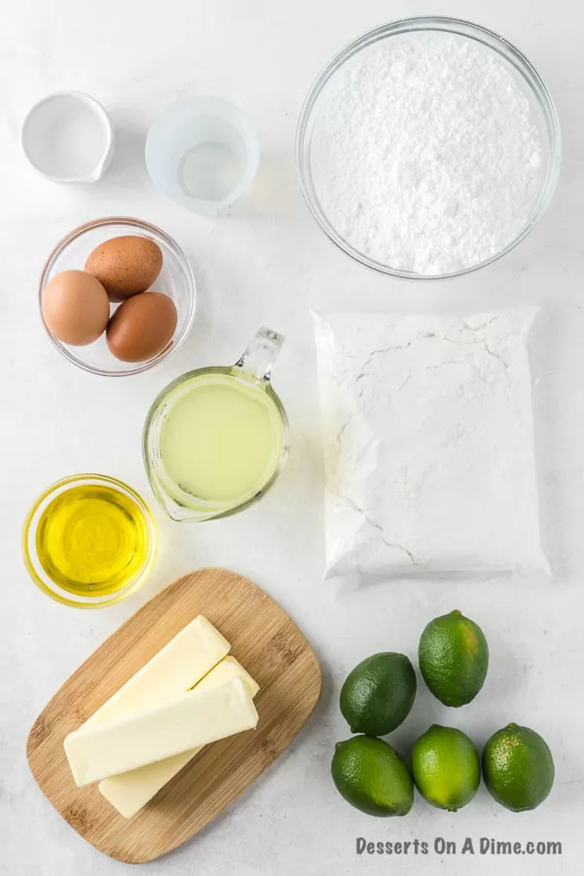 Ingredients for margarita cake - white cake mix, margarita mix, lime zest, oil, eggs, lime juice.