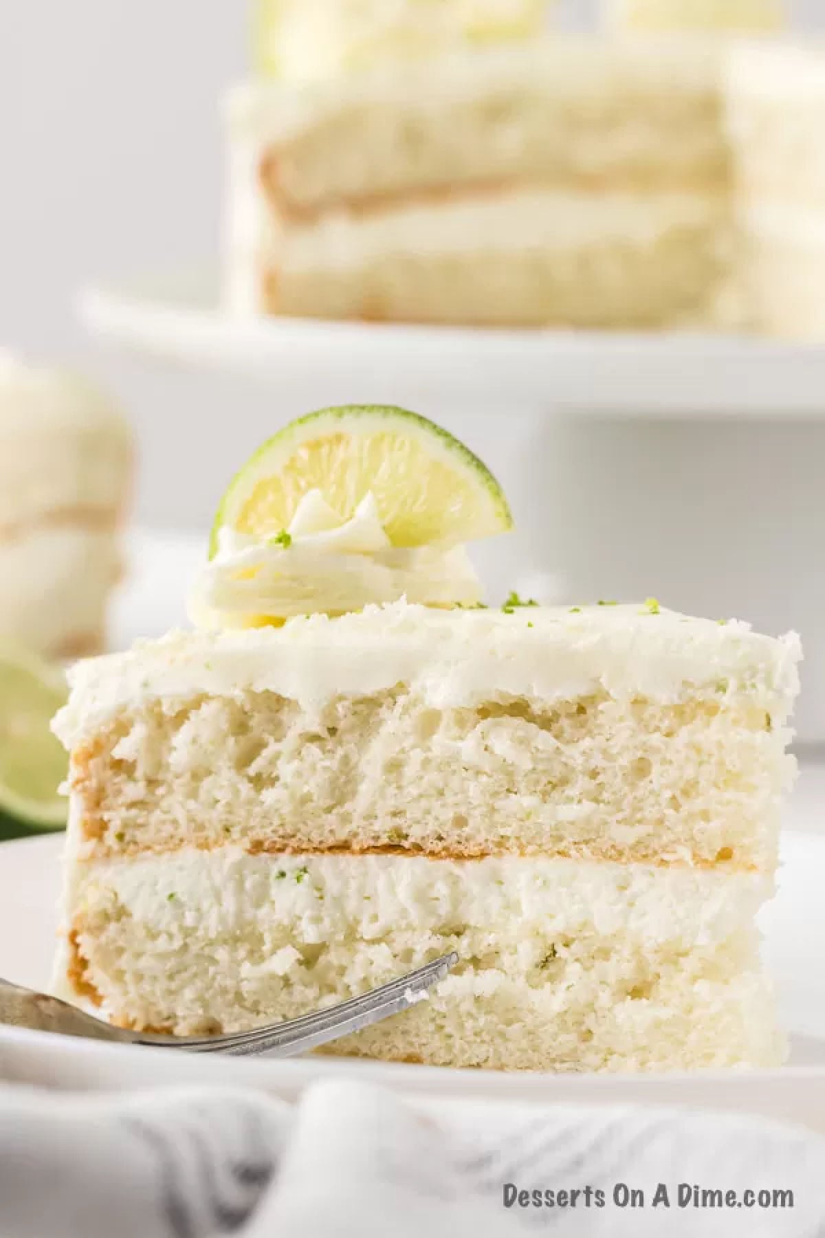 Close up photo of cake slice on plate.