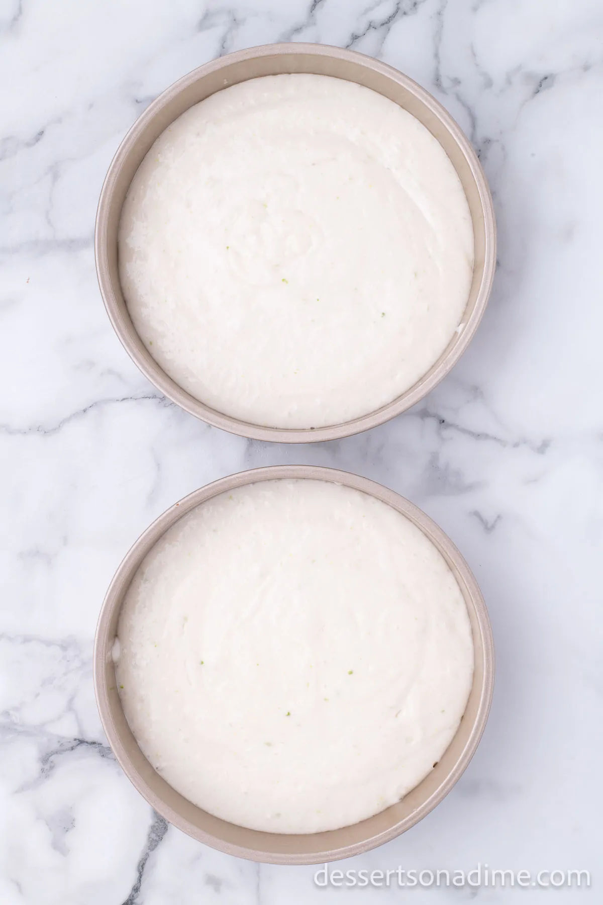 Batter in cake pans.