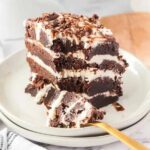 Slice of Olive Garden Chocolate lasagna on a plate.