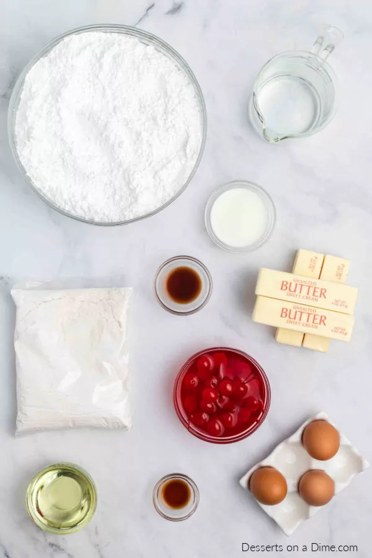 Ingredients for cherry chip cake -white cake mix, cherries, eggs, vanilla, butter, vanilla, powdered sugar and milk. 