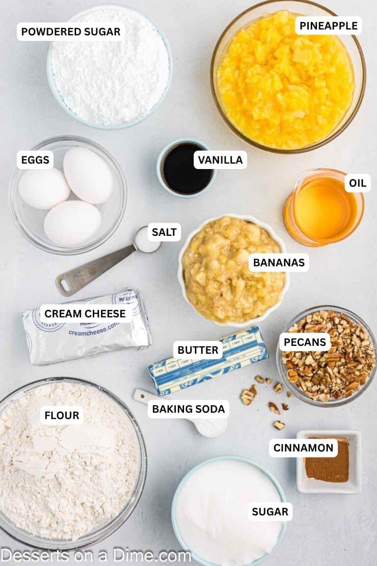 Ingredients for recipe: sugar, cinnamon, baking soda, flour, butter, pecans, cream cheese, bananas, salt, oil, eggs.