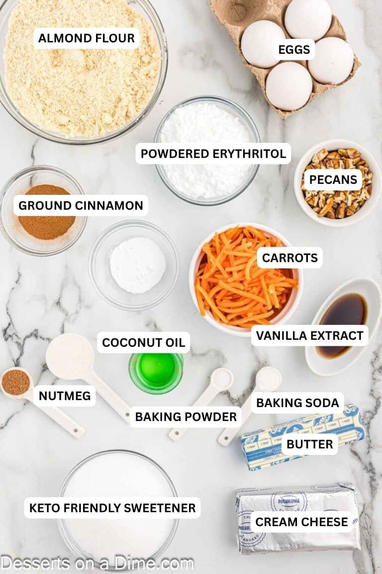 Ingredients for recipe: carrots, vanilla extract, coconut oil, nutmeg, baking powder, baking soda, butter, ground cinnamon, eggs, powdered erythritol, almond flour, butter and cream cheese.