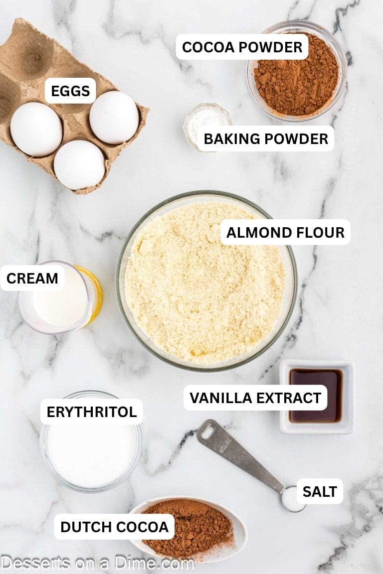 Ingredients for recipe: cocoa powder, eggs, baking powder, almond flour, cream, vanilla, erythritol. salt and dutch cocoa. 
