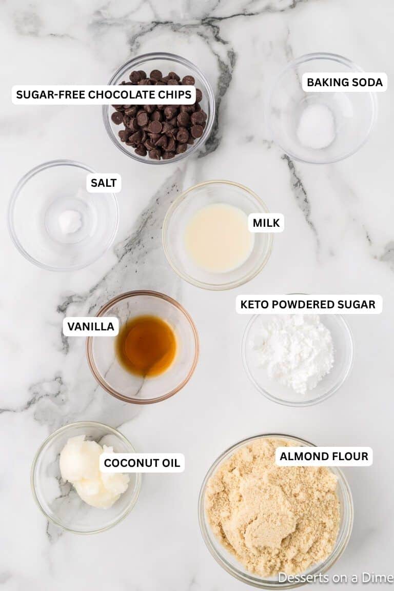 Ingredients for recipe: sugar free chocolate chips, keto friendly, powdered sugar, baking soda and vanilla. 