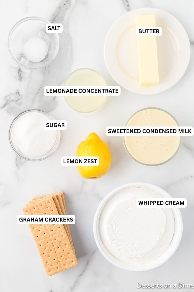 Ingredients for recipe: sugar, lemon, sweetened condensed milk, graham crackers, whipped cream, lemonade concentrate and butter. 