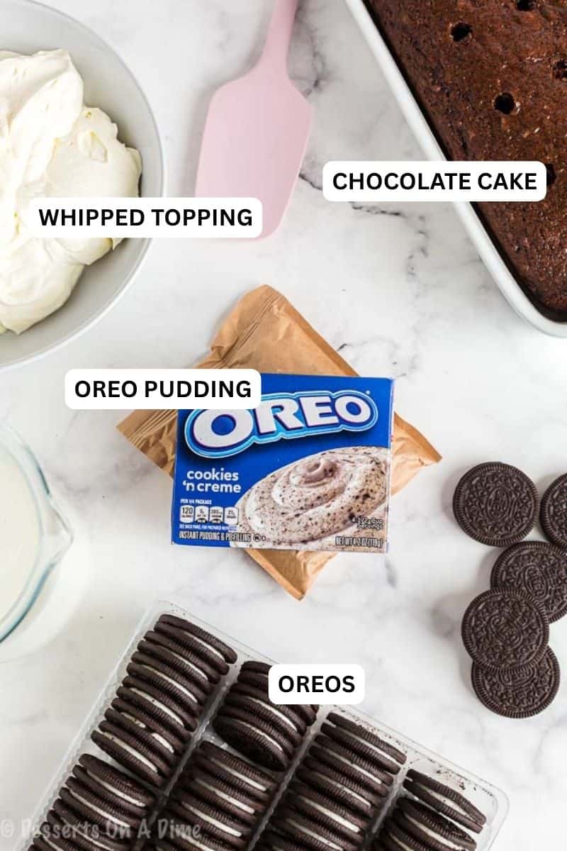 Ingredients for recipe: chocolate cake, whipped topping, oreo pudding and oreos. 