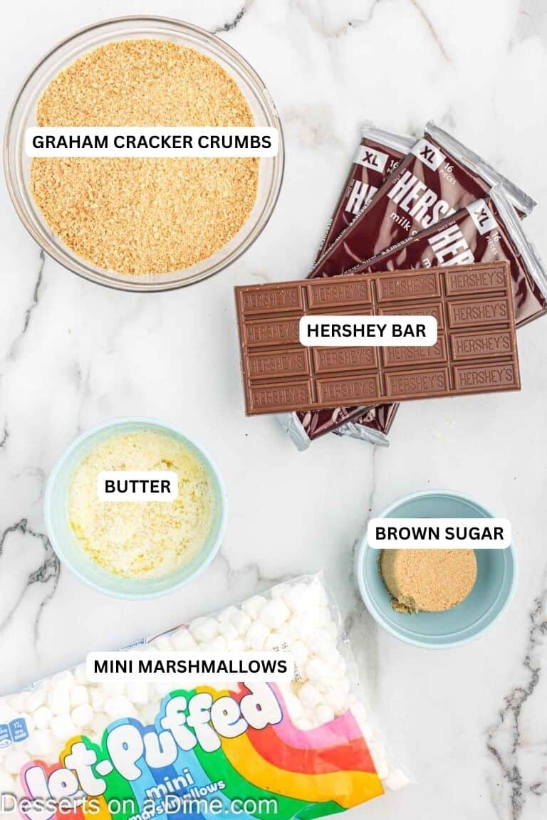 Ingredients for recipe: graham cracker crumbs, Hershey bar, butter, brown sugar and mini marshmallows. 