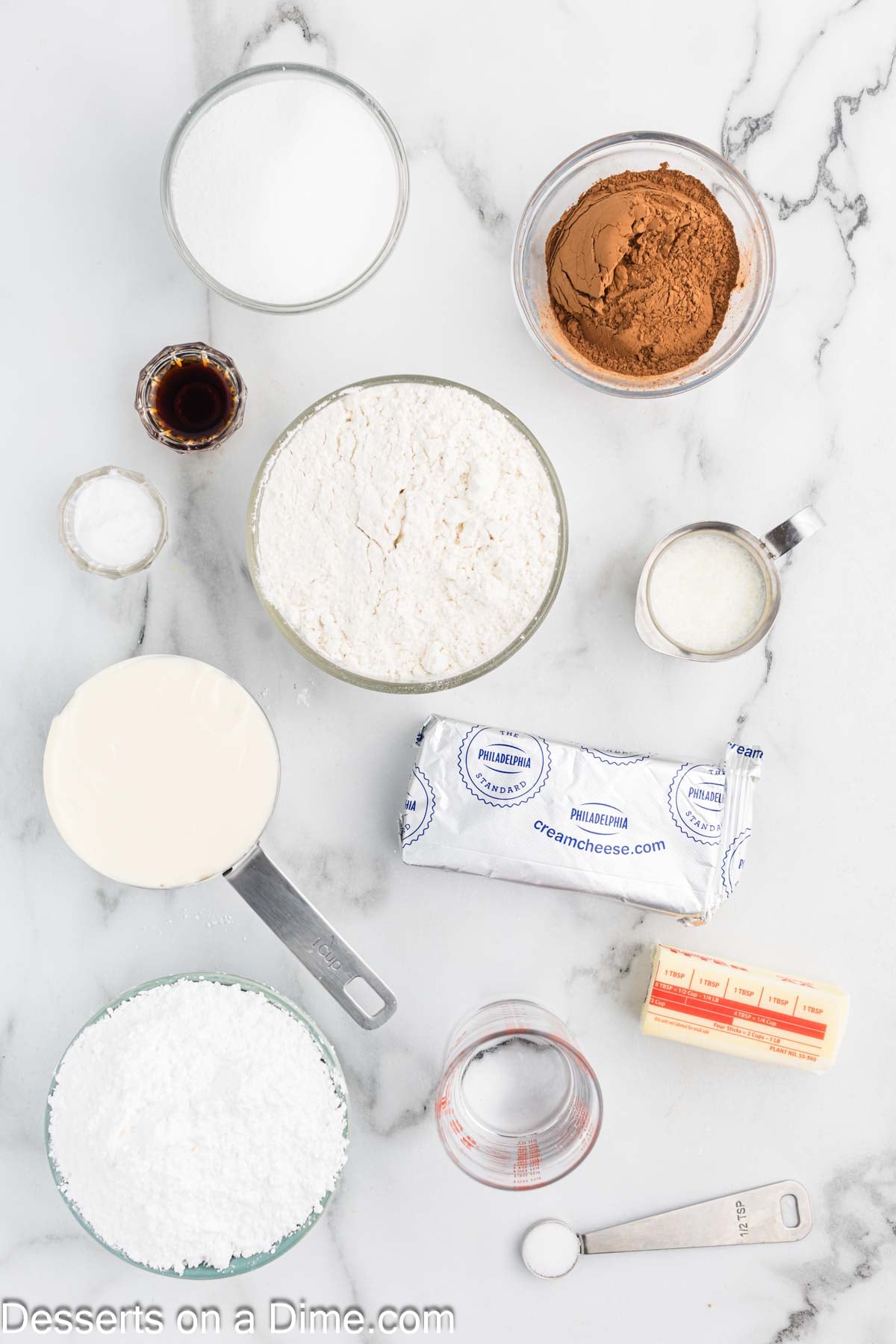 Ingredients for Chocolate Mayonnaise Cake - mayo, flour, baking soda, vanilla, cream cheese, confectioners' sugar, heavy cream. 