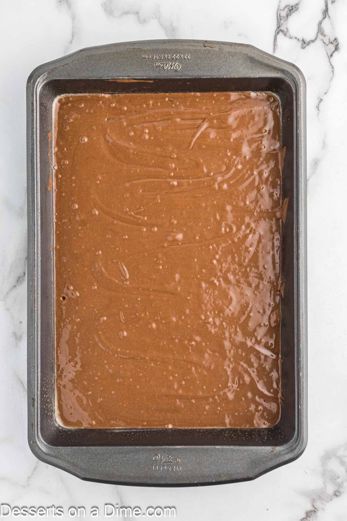Batter poured into cake pan. 