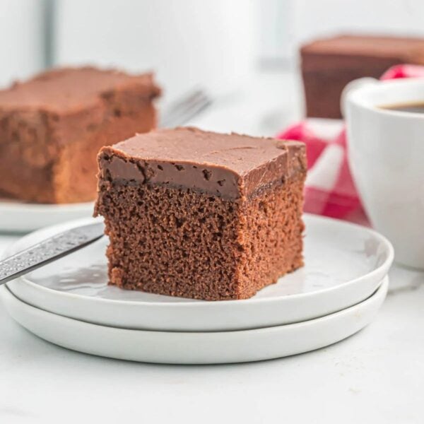 Chocolate sheet cake sliced on a white plate.