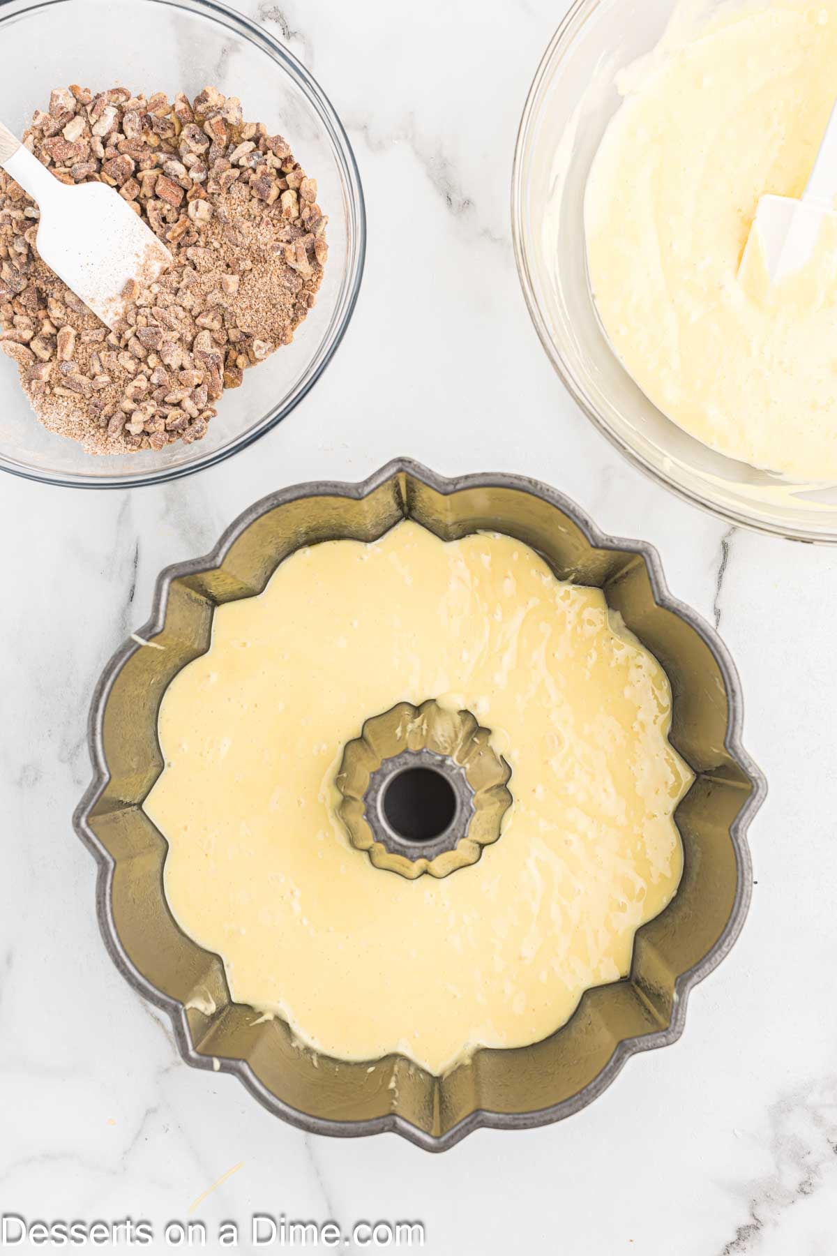 Batter layered in bundt cake pan.