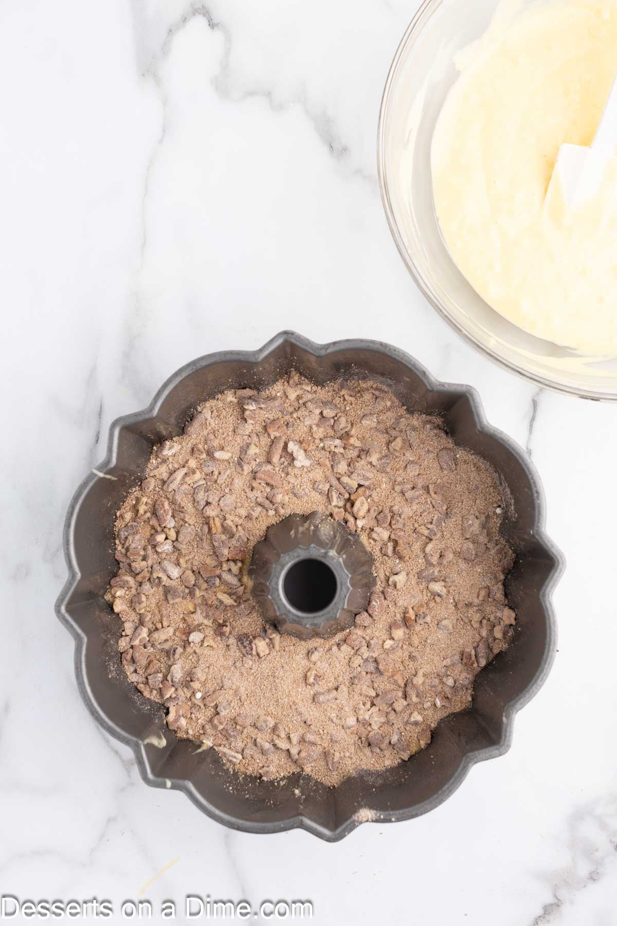 Filling on top of batter in pan.