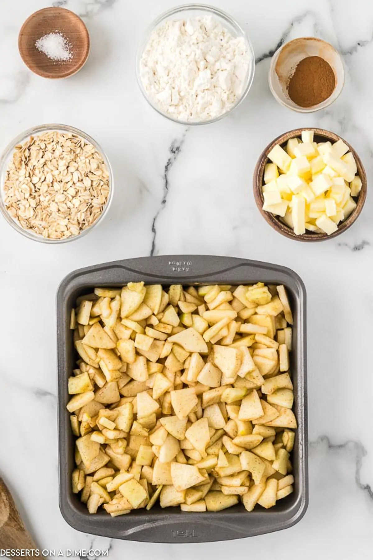 Apples mixture in baking dish. 