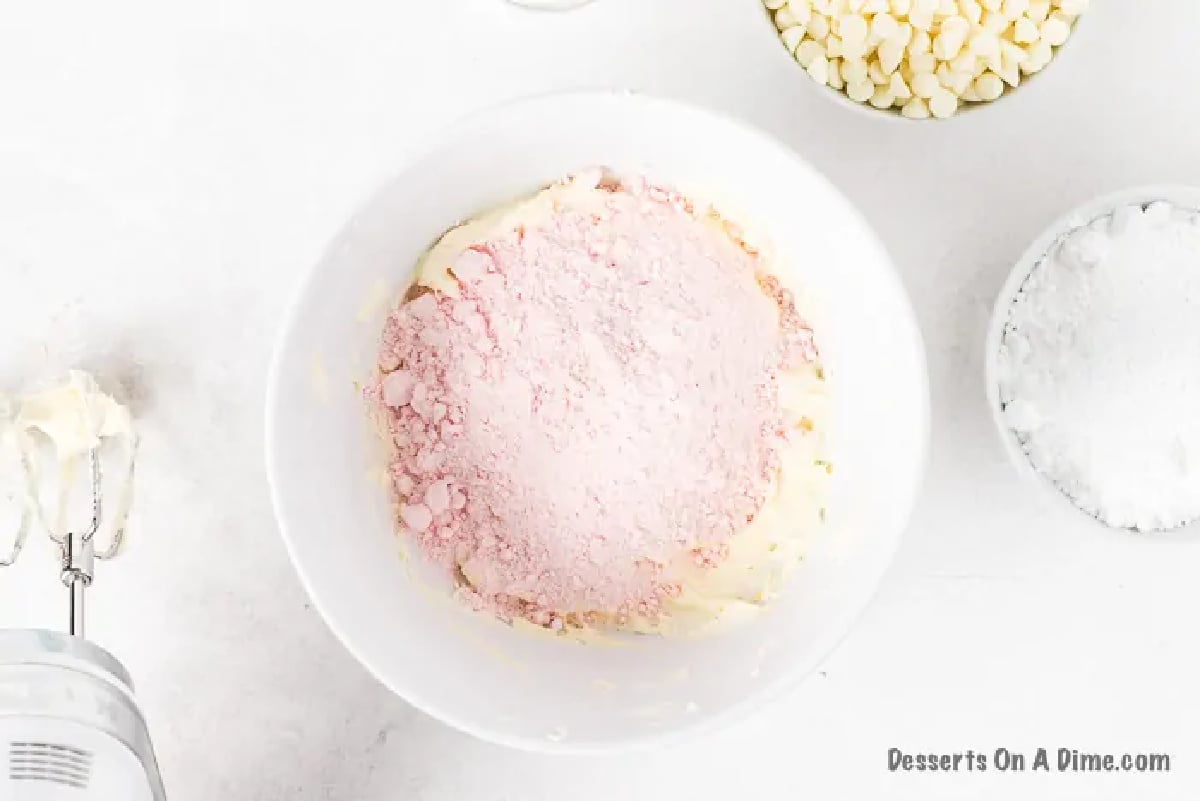 Cake mix added to cream cheese mixture. 