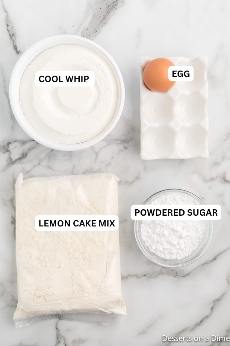 Ingredients for recipe: powdered sugar, lemon cake mix, egg and cool whip. 