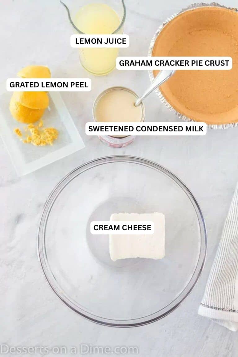 Ingredients for recipe: cream cheese, sweetened condensed milk, pie crust, lemon juice and lemon peel.