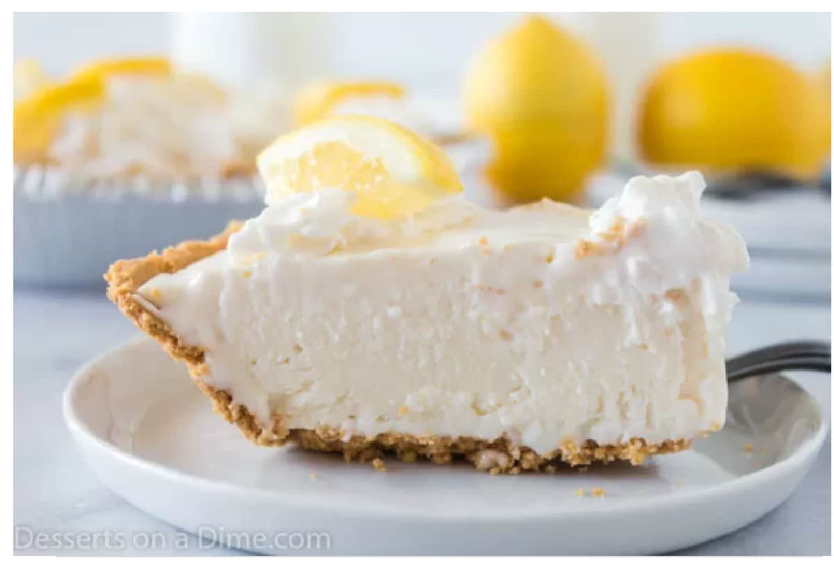 Slice of lemon icebox pie on a plate.