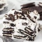 Oreo icebox cake cut into squares.