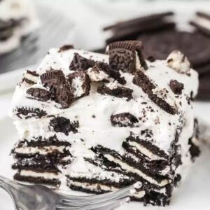 Oreo icebox cake cut into squares.