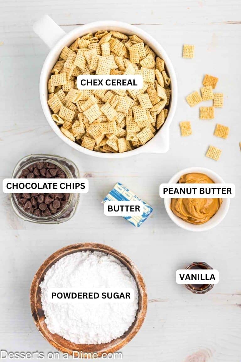 Ingredients for recipe: chex cereal, chocolate chips, butter, peanut butter, powdered sugar and vanilla.