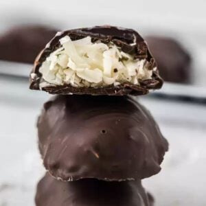 Mounds bar up close stacked together.