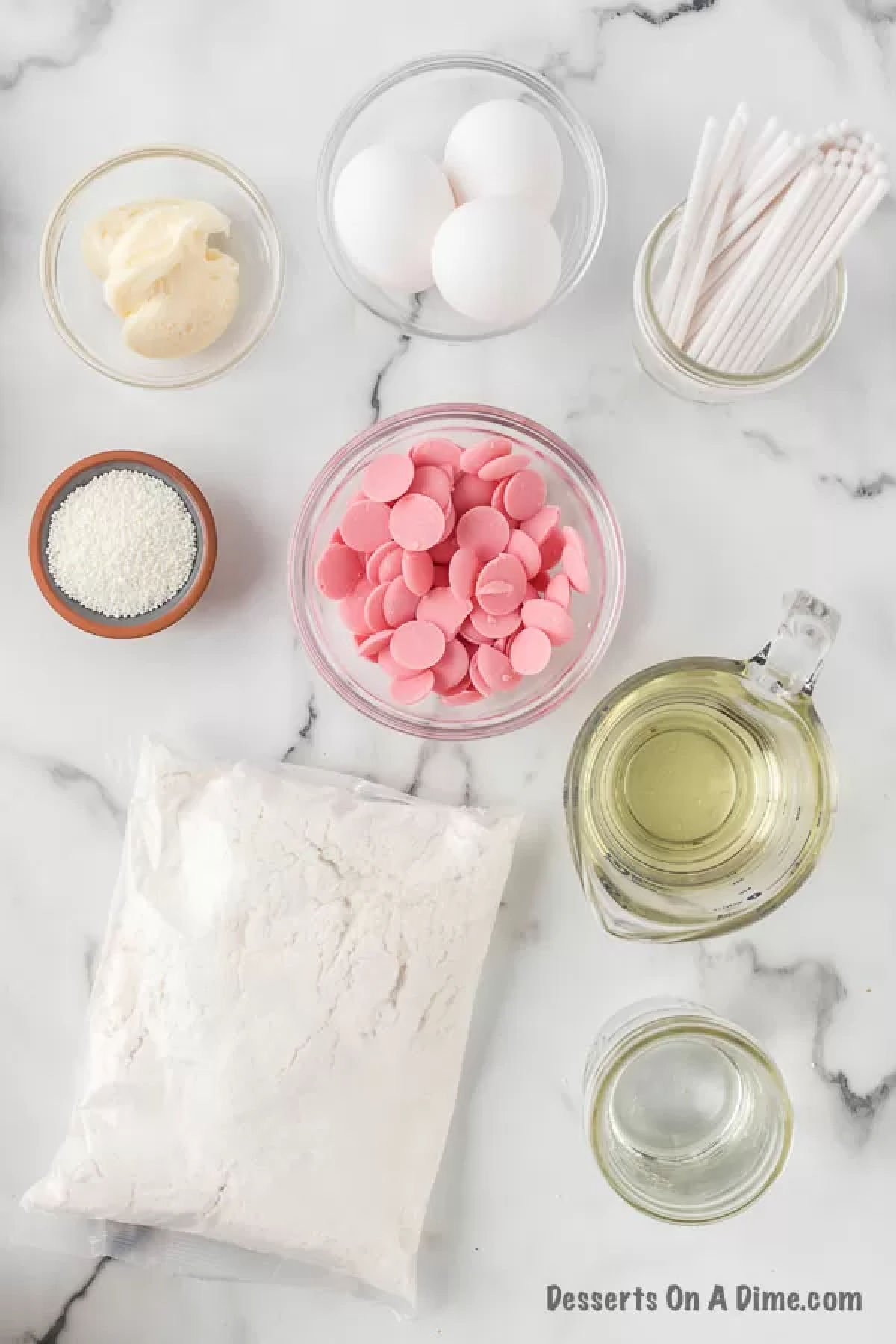 Ingredients for recipe: Cake mix, oil, eggs, icing, candy melts, sticks. 