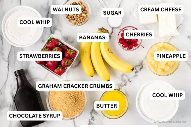 Ingredients needed for recipe: graham cracker crumbs, butter, cream cheese, sugar, cool whip, slice banana, pineapple, walnuts, chocolate syrup, cherries.