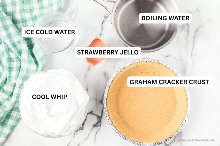 Ingredients for recipe: graham cracker crust, cool whip, strawberry jello, boiling water and ice cold water. 