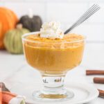 Pumpkin pudding in a glass dish.